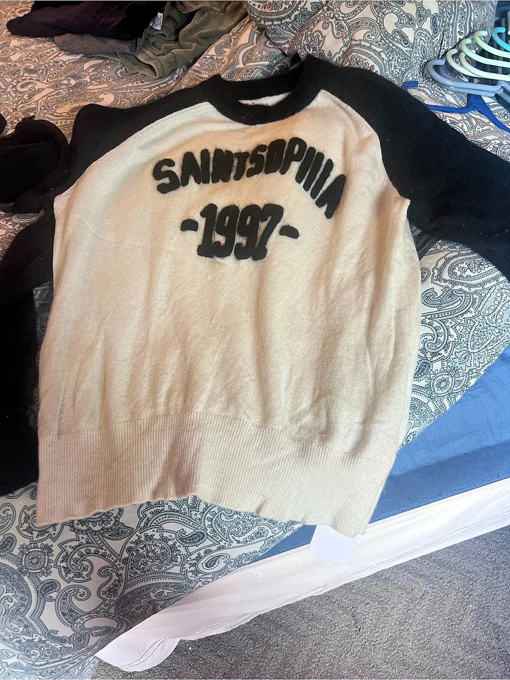 Raglan Crewneck Sweater in White & Black